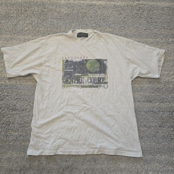Men’s Vintage Fred Perry Single Stitch Graphic  Large T-Shirt White Made England - Picture 1 of 7